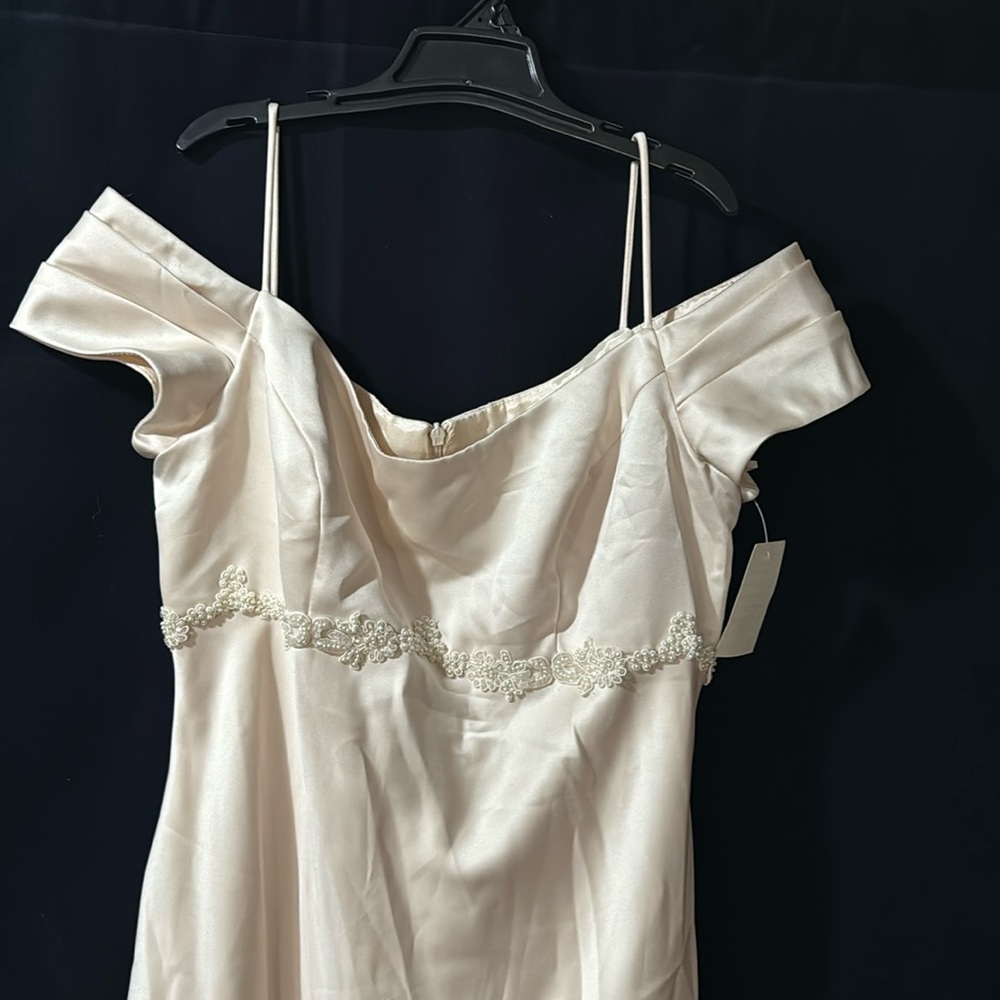 Long Formal Off Shoulder Bridesmaid Dress with pearls on the chest